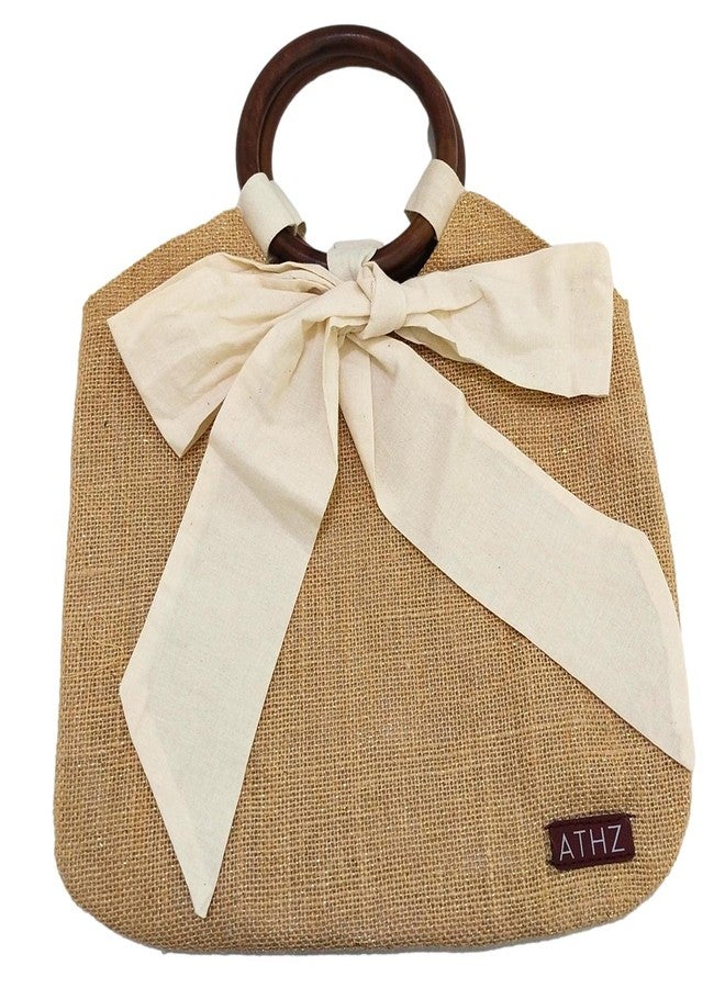 ATHZ handbags wooden handles Potli Bags with Handcrafted Bow Detail hand carry artistic wristlets bags for women (Jute Brown, Cream) - Image 1